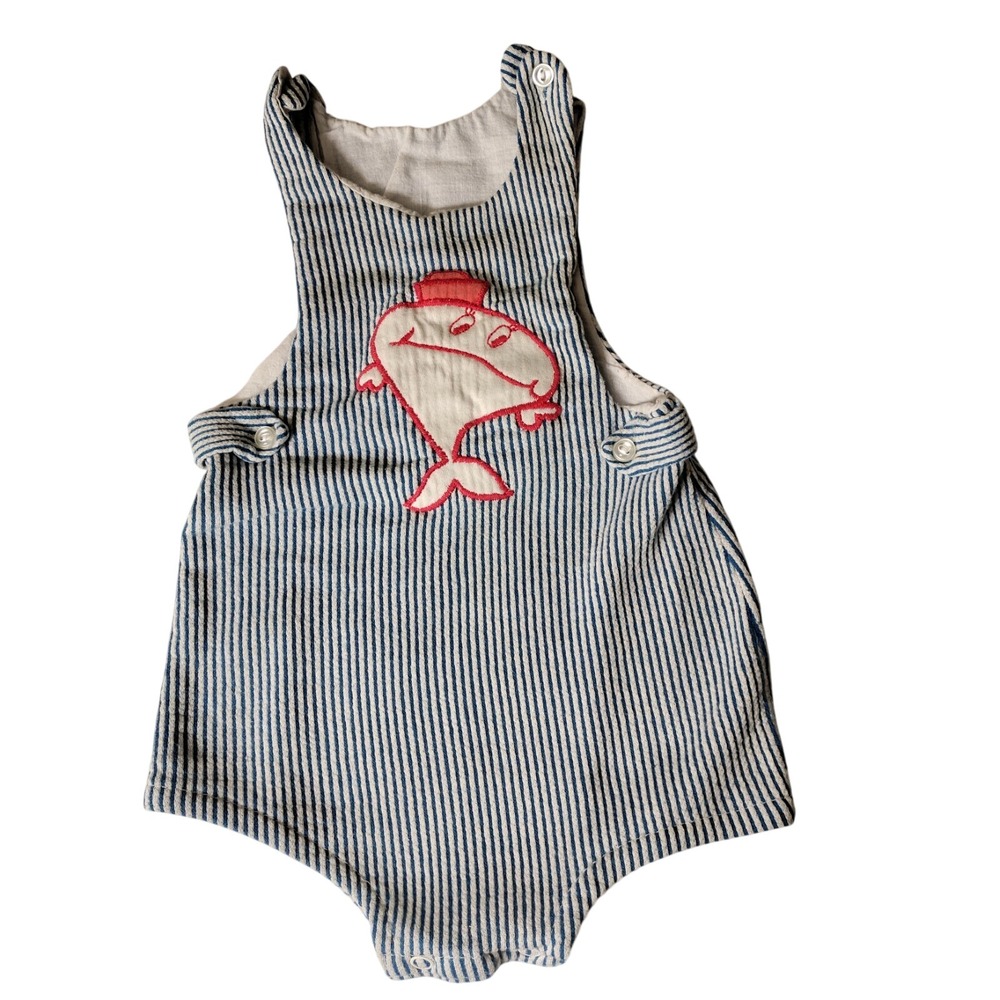 Carter's Blue White Stripe with Whale Applique Romper 18 Months Vintage